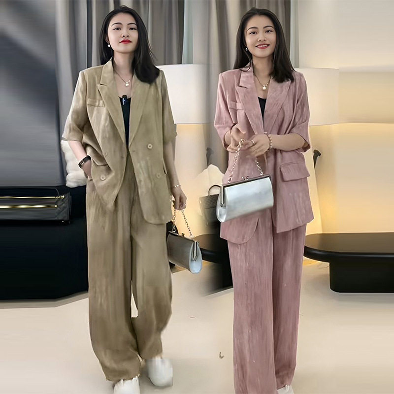 大码亚麻扎染夏薄款宽松时尚休闲西装外套遮肉胖mm显瘦两件套装女图片