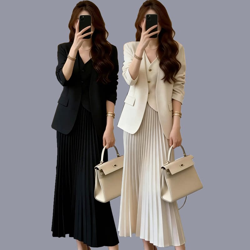 春秋新款西装通勤两件套大码气质减龄显瘦时尚百褶裙胖mm套装女