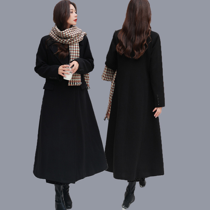 秋冬新款大码西装毛呢外套女胖mm收腰遮肉大摆A字过膝长呢子大衣