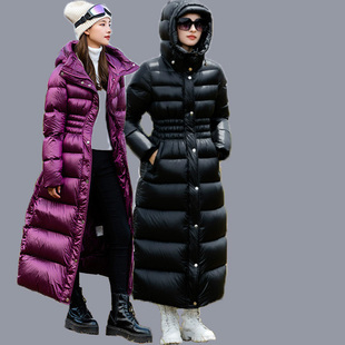 保暖连帽羽绒服女 胖mm加长款 大码 95白鸭绒免洗亮面加厚收腰冬新款