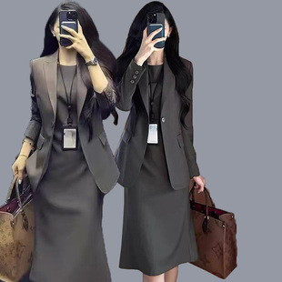 春秋新款大码女装灰色套裙胖mm西装无袖连衣裙职业两件套装外套潮