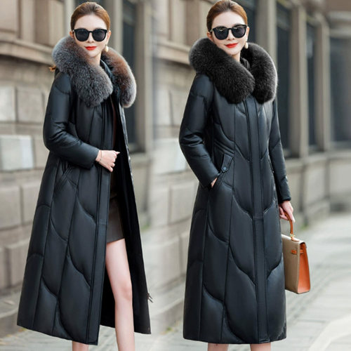 胖mm海宁皮衣毛领羽绒棉服女过膝长款大码妈妈装加厚皮棉袄外套潮