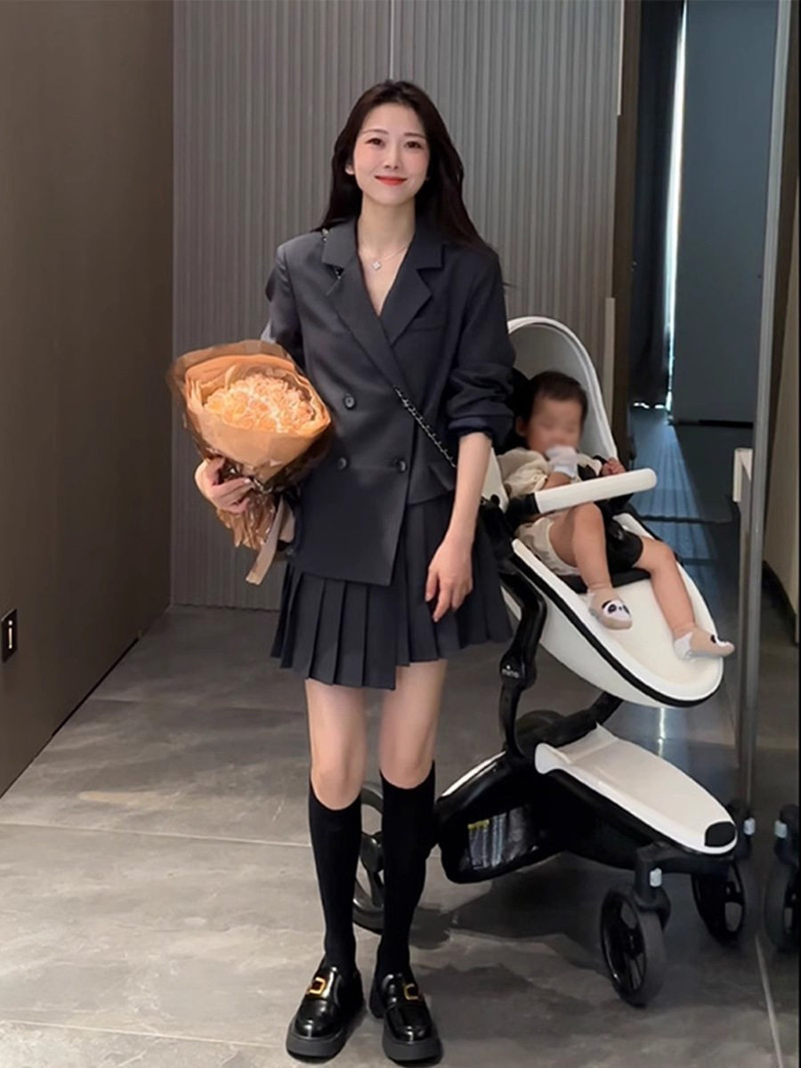 大码女装通勤西装连衣裙春秋新款时尚减龄胖mm长袖假两件外套裙子