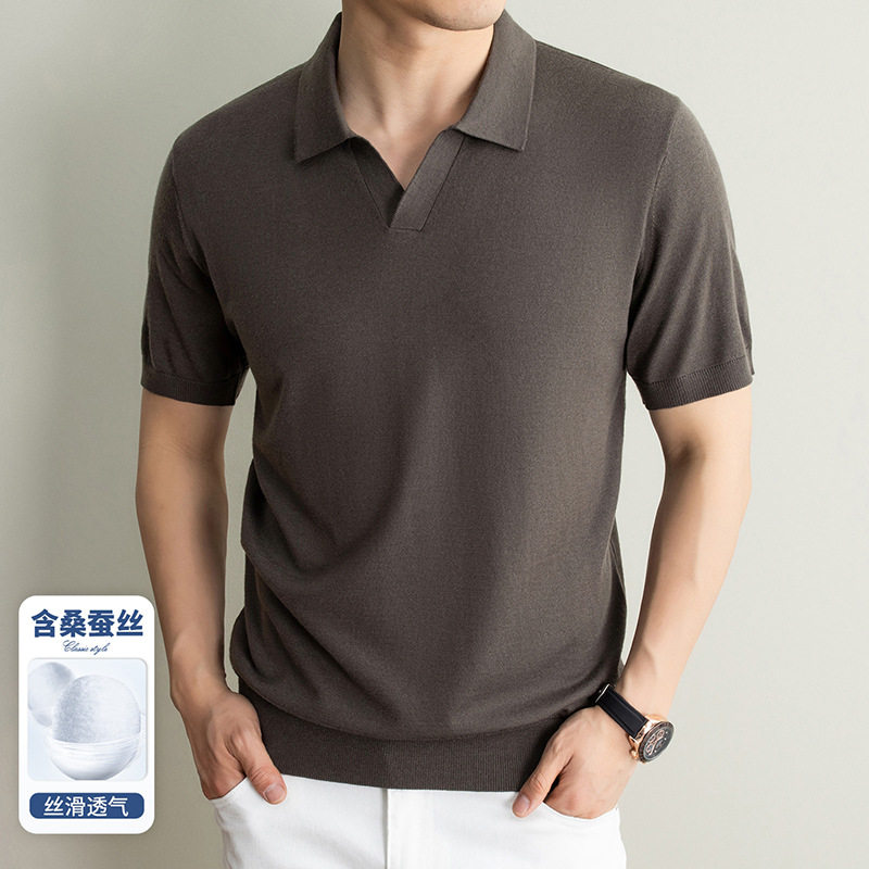 含桑蚕丝羊毛男士Polo衫2026春夏新款翻领针织透气跨境短袖男t恤