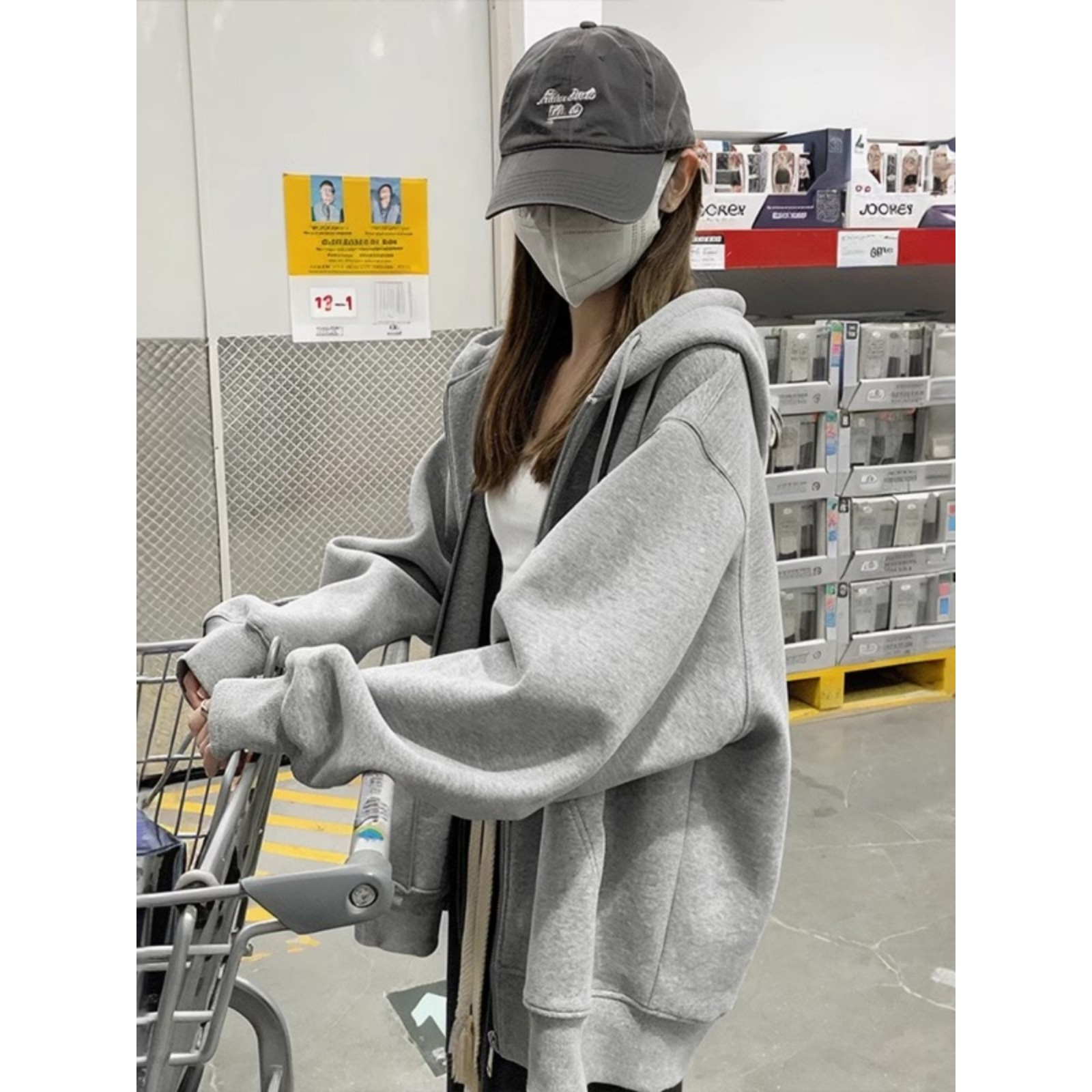 灰色纯棉连帽卫衣女2025新款春秋季休闲慵懒宽松拉链开衫外套上衣