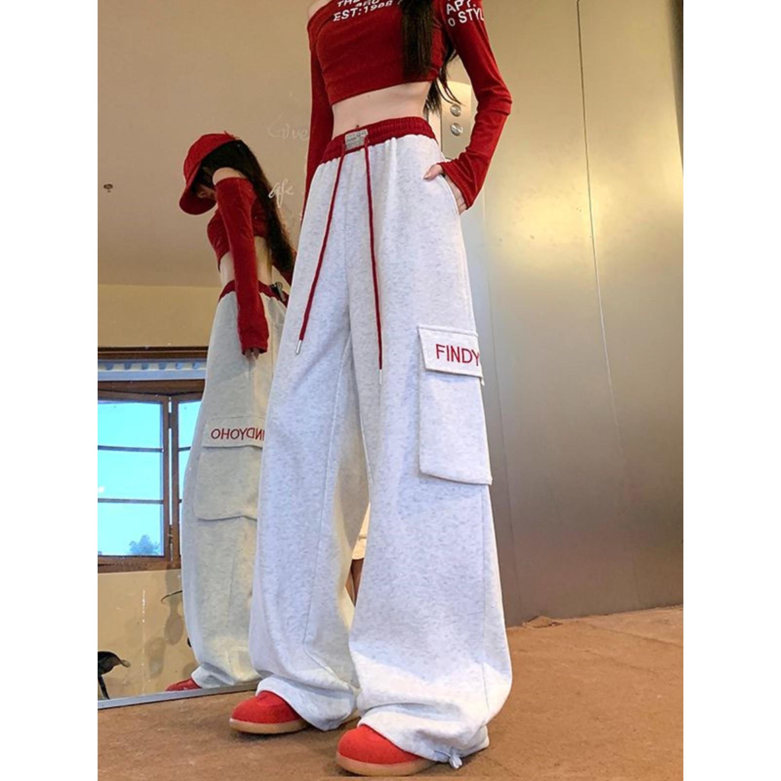 街头爵士舞阔腿工装运动裤女士及地长裤秋季美式宽松直筒休闲裤子