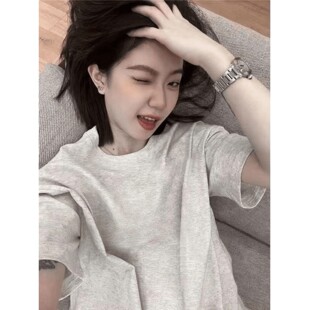 白灰色重磅t恤男女款春夏季纯棉正肩宽松短袖圆领半袖体恤打底衫