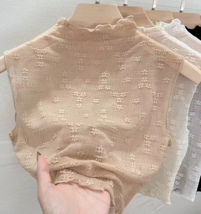 新款网纱蕾丝打底衫背心女木耳边洋气内搭无袖假领子透视纱质上衣