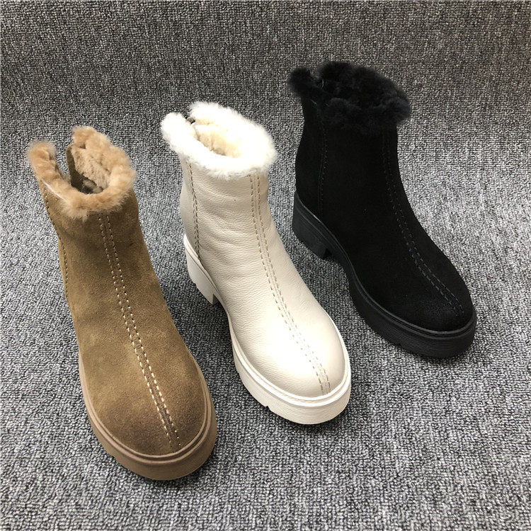 女短靴处理2018年秋冬新款真皮女靴圆头高跟磨砂牛皮后拉链女棉靴