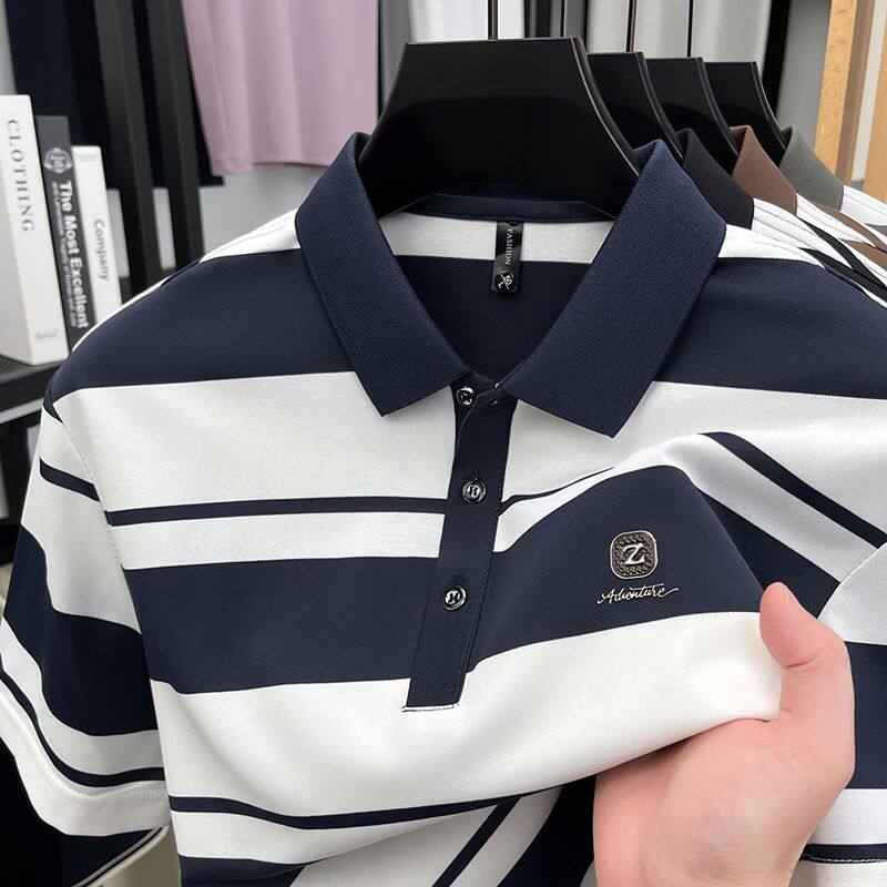 爸爸短袖t恤POLO衫夏季薄款上衣条纹半袖衣服翻领轻奢中老年夏装