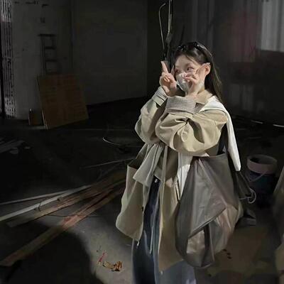 oker 现货~韩国2025春新款女千鸟格袖口拼接设计宽松翻领风衣外套