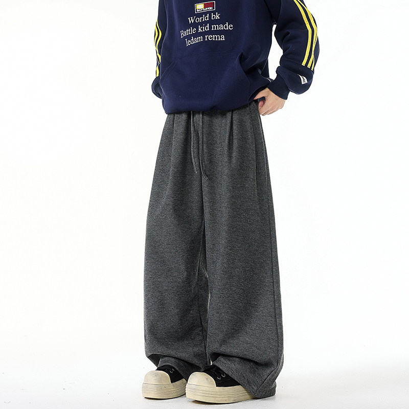 美式加绒加厚弯刀裤子男士秋冬季潮牌直筒宽松阔腿裤拖地休闲长裤