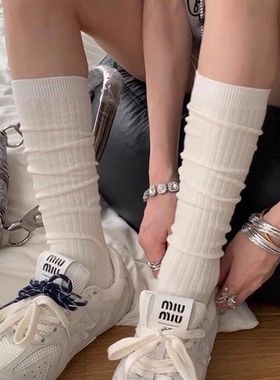 春秋新品长筒袜日系女纯竖条吸汗高筒过膝袜网眼小腿白色JK袜子