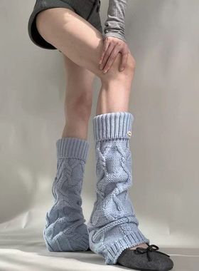 蓝色麻花纹腿套堆堆袜女秋冬加厚保暖韩系粗线针织翻边袜套小腿袜