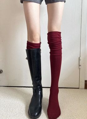 May3socks 安可拉红拼接过膝长筒袜女竖条纹叠穿堆堆袜新年红袜子