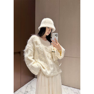 PAPERLLL辛间 松弛几何 立体编织宽松V领羊毛针织衫女冬慵懒毛衣