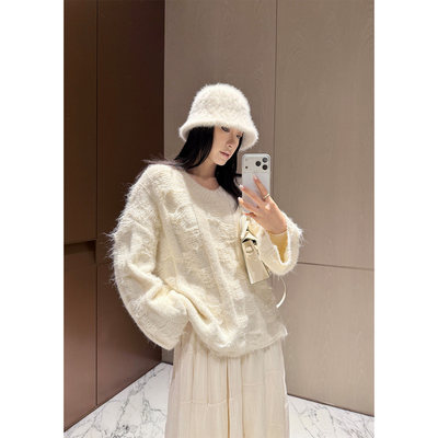 PAPERLLL辛间 松弛几何 立体编织宽松V领羊毛针织衫女冬慵懒毛衣