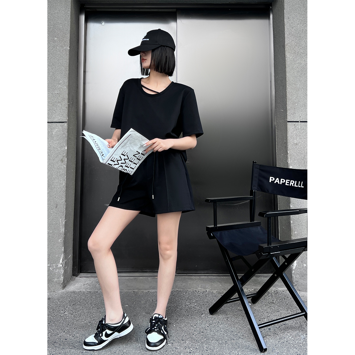 PAPERLLL辛间宽松运动休闲套装女夏系带小设计感短袖T立体A字短裤