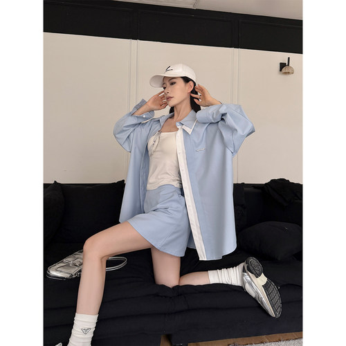 PAPERLLL辛间 私藏清单 撞色设计两件套小翻领衬衫短裙休闲套装女
