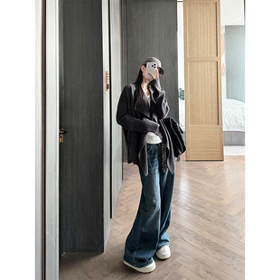 韩系豹纹丝巾渐变直筒阔腿植绒牛仔裤 icon 女冬 时尚 PAPERLLL辛间