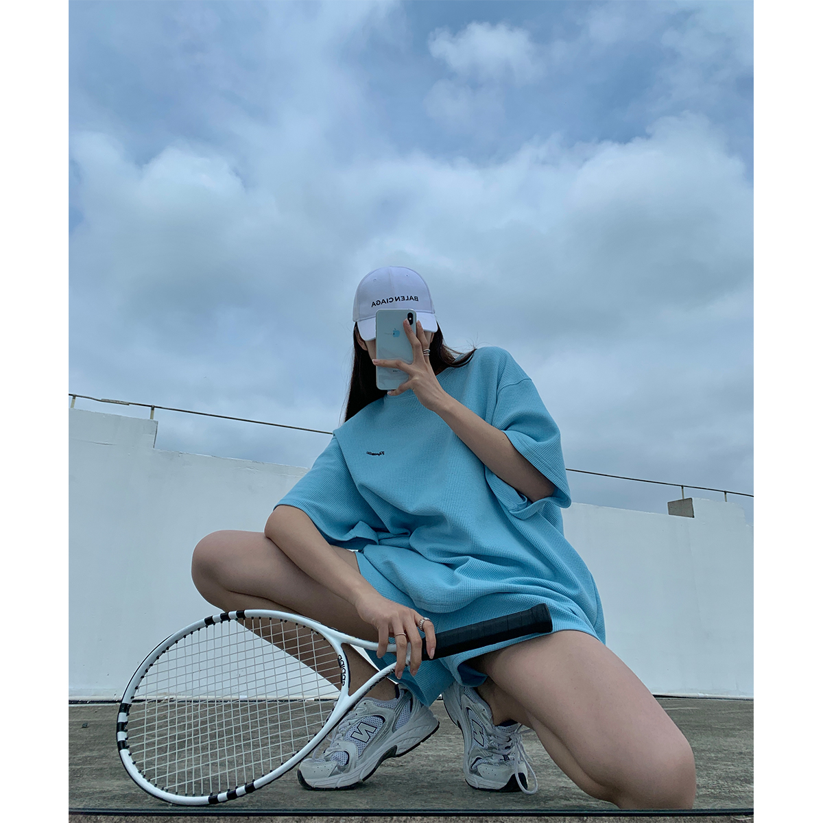 华夫格宽松卫衣休闲短裤两件套