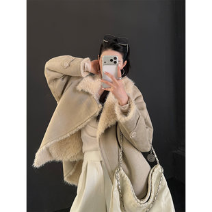 PAPERLLL辛间 城市钝感 翻领斜拉链皮毛一体短外套女冬加绒夹克服