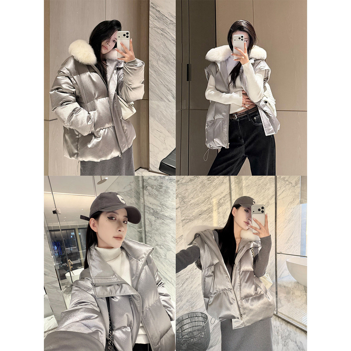 PAPERLLL辛间 解构设计 可拆卸袖子白狐毛领短款白鸭绒羽绒服女冬