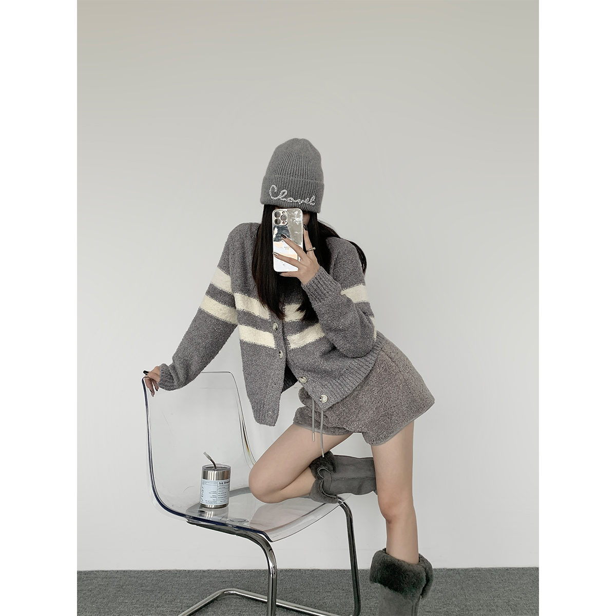 PAPERLLL辛间仿羊羔毛短裤女秋冬2025新款外穿高腰休闲宽松直筒裤