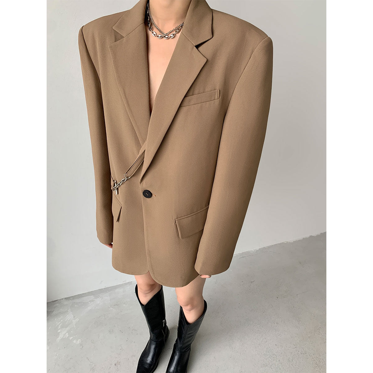 PAPERLLL辛间春秋新款高级设计感西服斜扣宽松休闲黑色西装外套女_虎窝淘