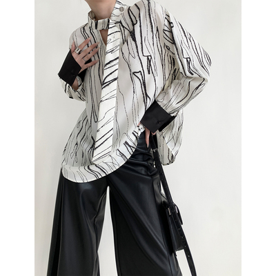 PAPERLLL辛间 线条艺术 复古飘带几何印花衬衣女春秋小众气质衬衫