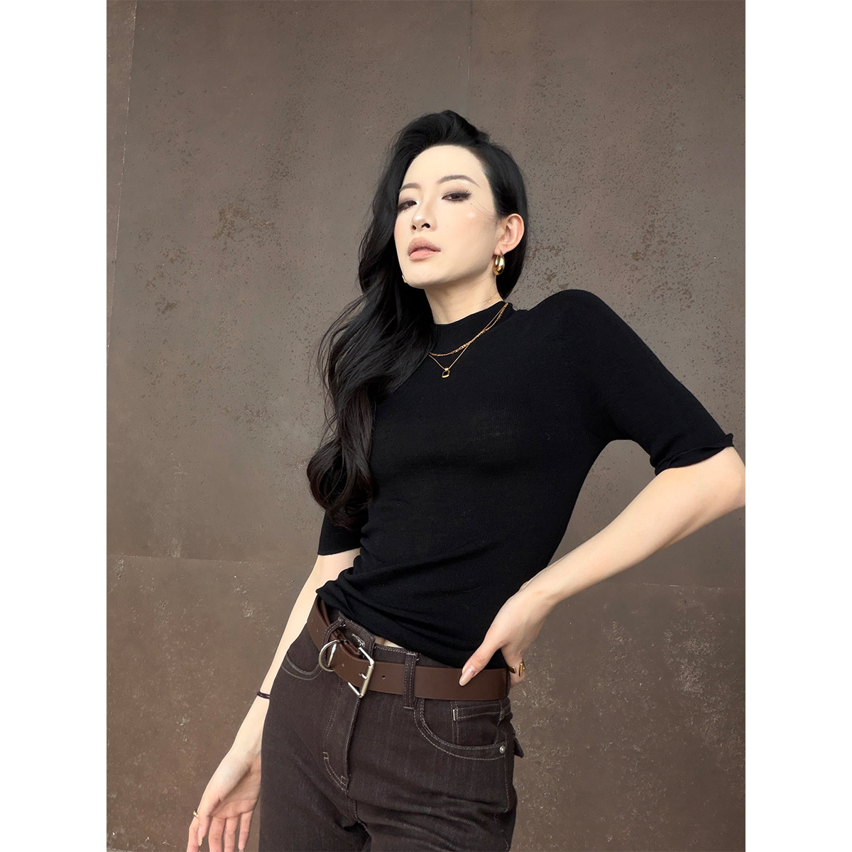 PAPERLLL辛间 极简底色 绵羊毛半高领中袖针织上衣女显瘦外穿内搭