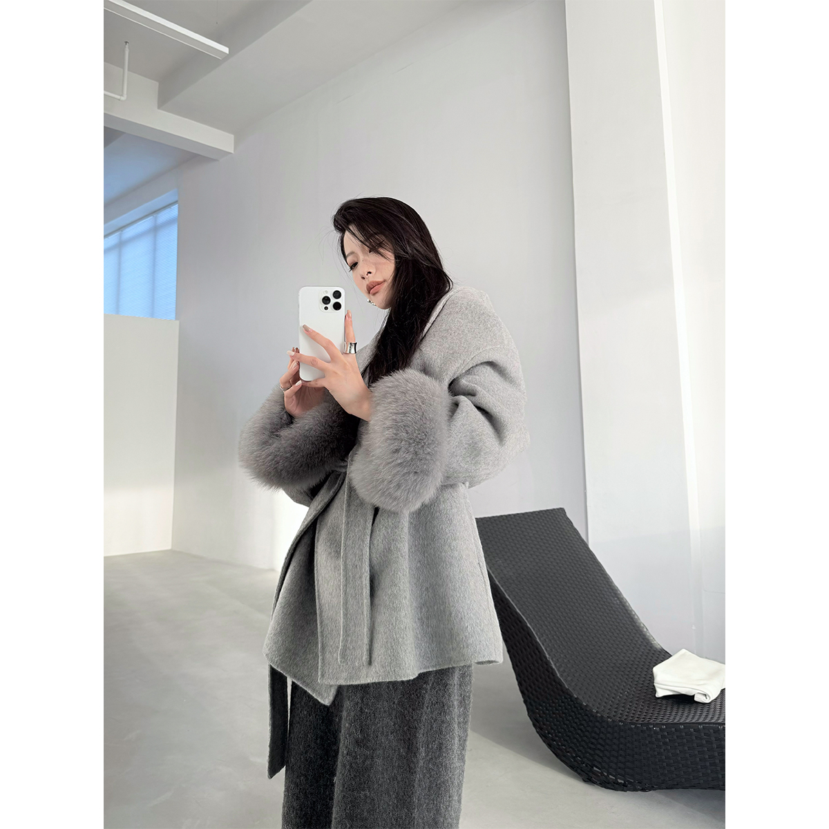 PAPERLLL辛间狐狸毛澳洲羊毛短款灰色双面呢气质大衣女秋冬外套