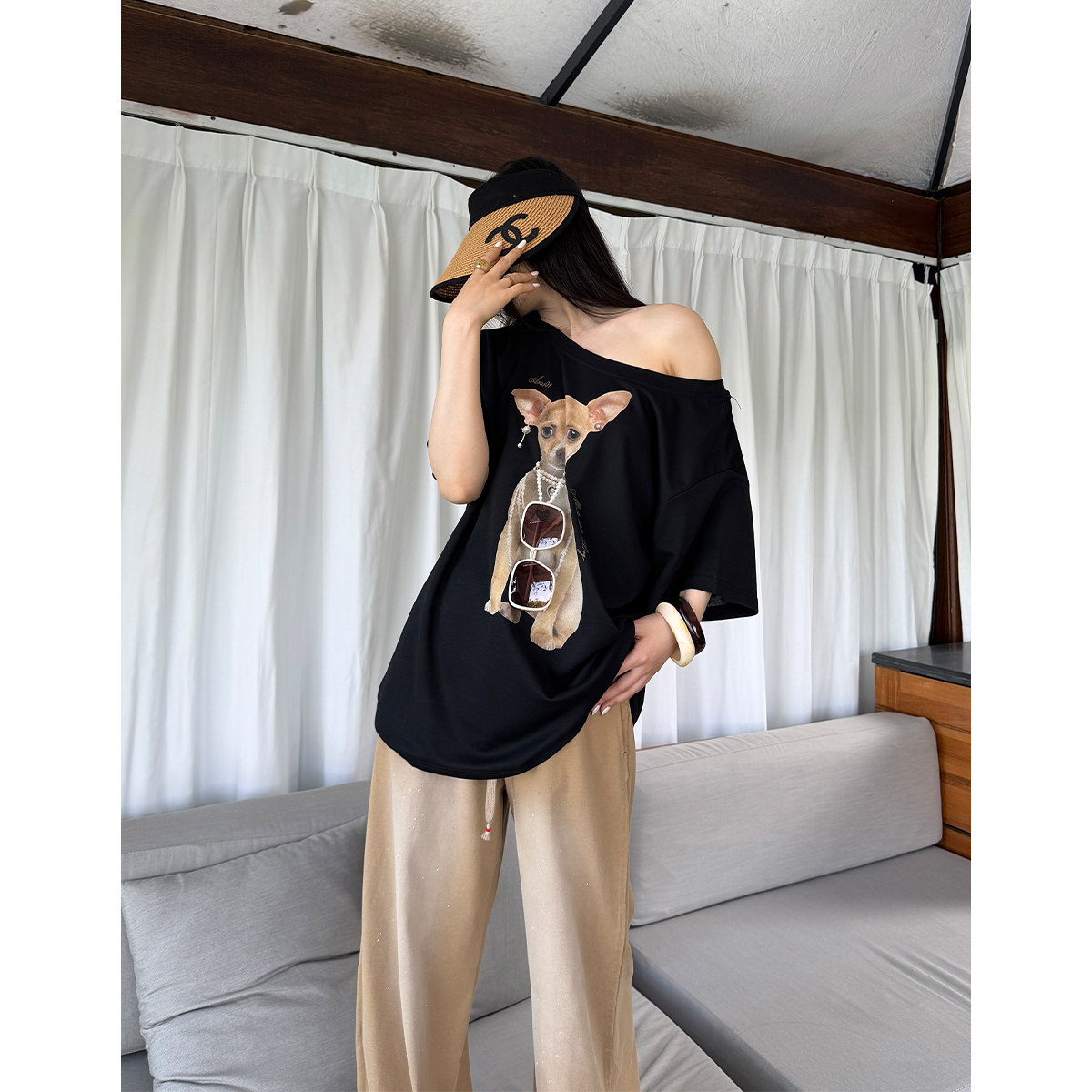 PAPERLLL辛间 日常穿搭 宽松休闲大圆领狗狗印花短袖女夏减龄T恤