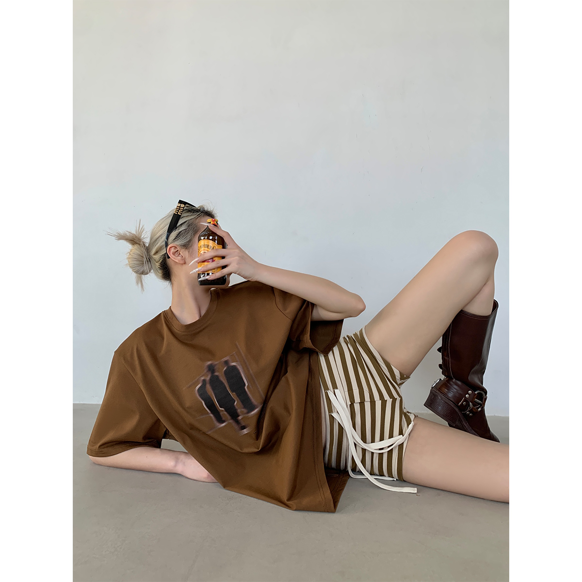 PAPERLLL辛间 oversize版型 美式影子印花短袖女显瘦圆领T恤上衣