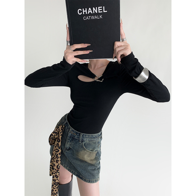 PAPERLLL辛间 格调艺术 莫尔代加绒镂空金属扣上衣女修身内搭打底