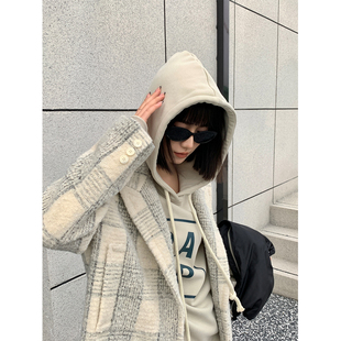 PAPERLLL辛间米色格纹羊毛大衣女款2025新款冬天长款加厚毛呢外套