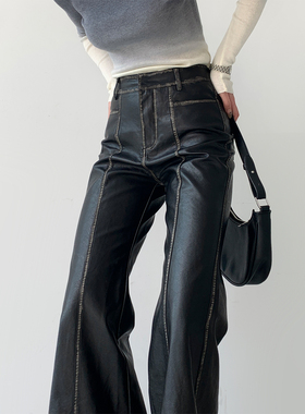 PAPERLLL辛间美式复古黑色高腰显瘦微喇阔腿皮裤女秋冬2025新款