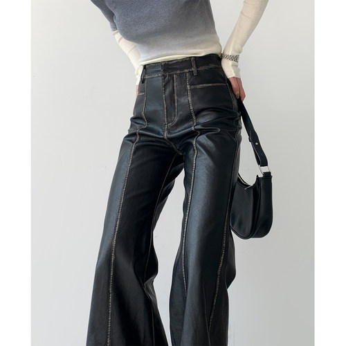 个性美式复古做旧微喇皮裤