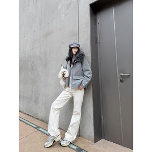 超模裤 PAPERLLL辛间 女加绒窄版 回响弹力水洗直筒微喇牛仔裤 70s