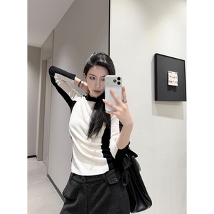 PAPERLLL辛间 高级底色 撞色拼接圆领修身羊毛打底衫女设计感内搭