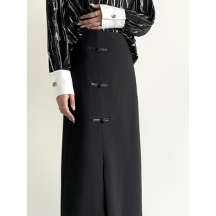 PAPERLLL辛间 步履生韵 新中式开衩盘扣半身裙女高腰气质长款裙子