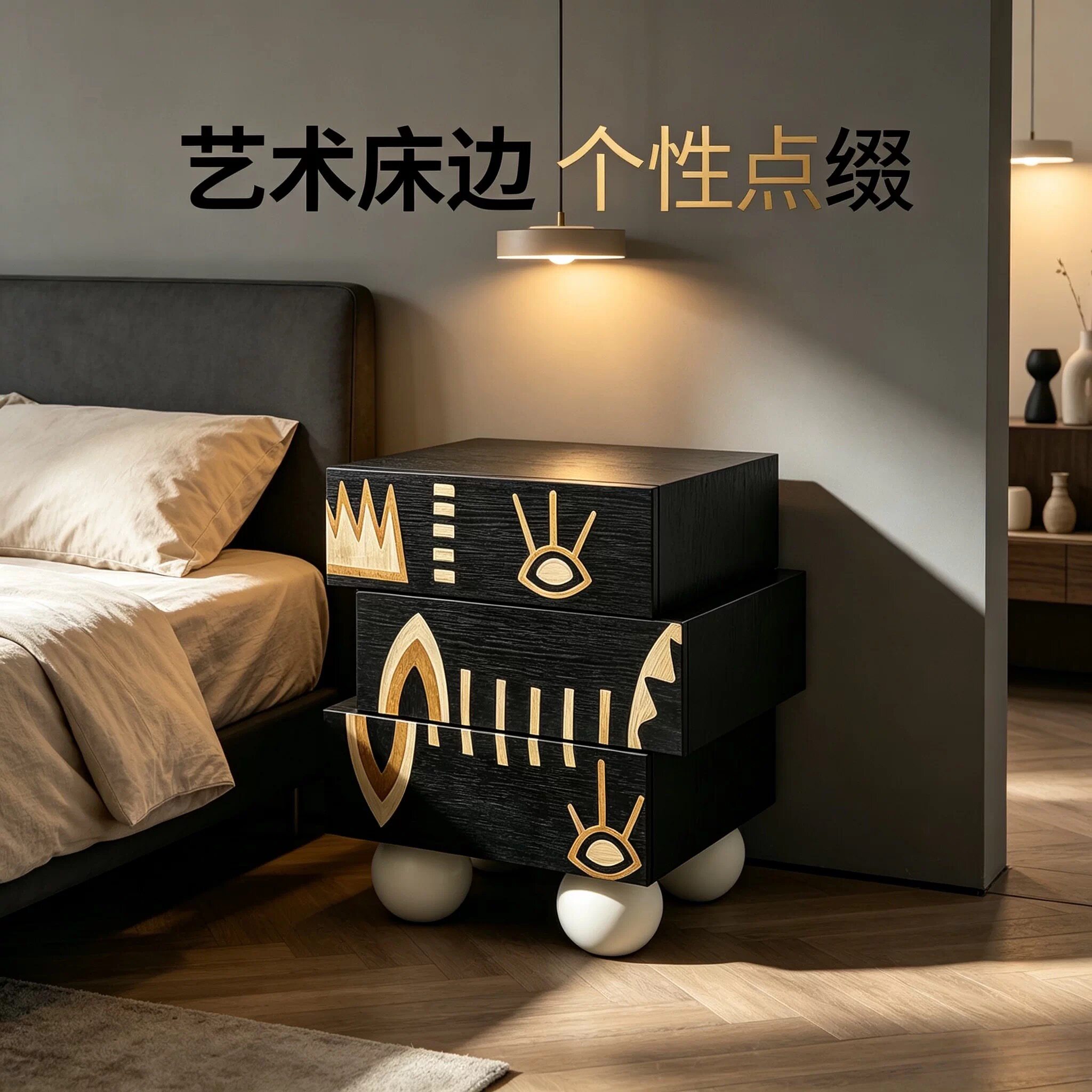 HA823白色意大利Ltalian Designer法式涂鸦床头柜意式中古风设计