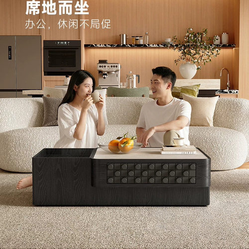 现代意式极简复古黑色茶几小户型家用客厅高级感2026新款洞石茶几