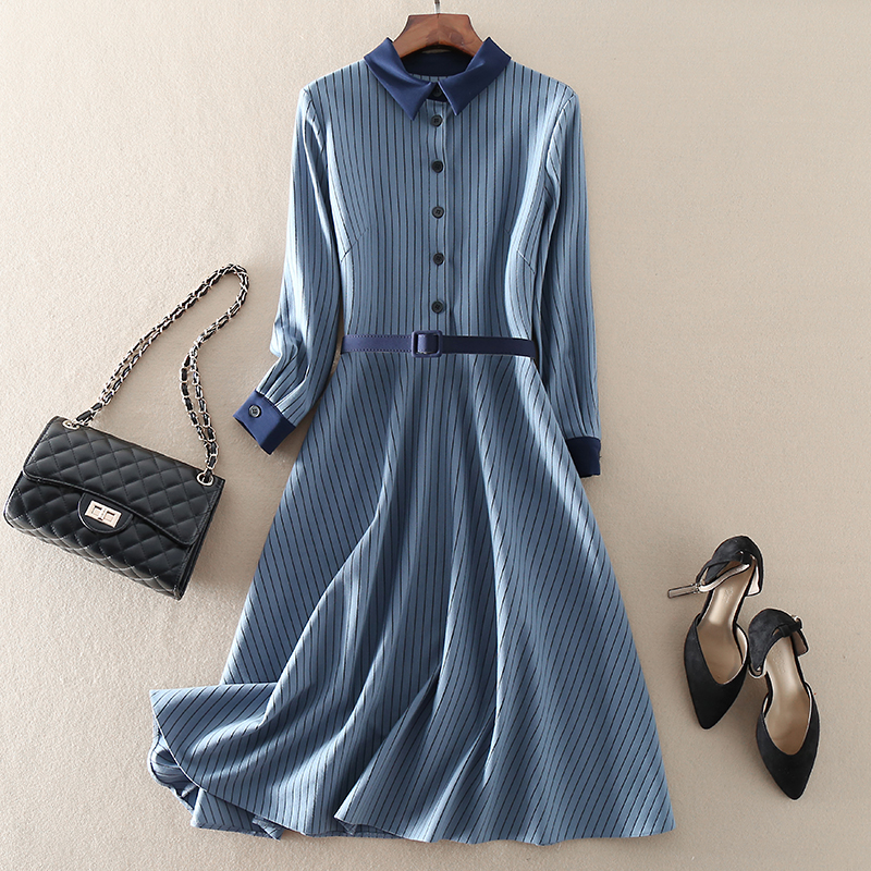 高端长款过膝条纹修身系带连衣裙