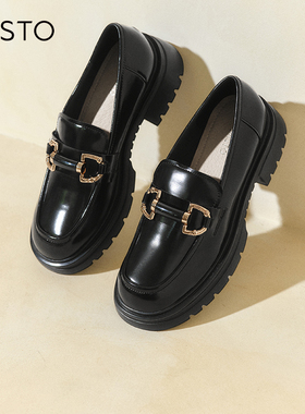 百思图秋商场同款软羊皮松糕厚底英伦风乐福小皮鞋女TFW29CA2