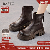 百思图25冬商场新款 高跟粗跟女加绒短靴厚底增高马丁靴F6012DD5