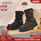 百思图2025冬季 商场新款 堆堆靴西部靴复古圆头粗跟女短靴B8198DZ5