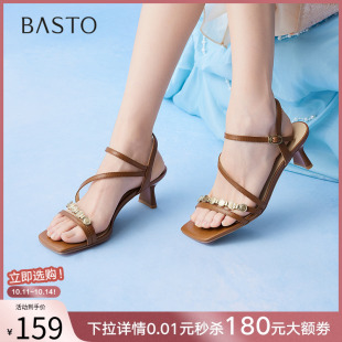 女凉鞋 百思图2025夏季 气质通勤一字带粗跟高跟鞋 时尚 C6602BL5 新款