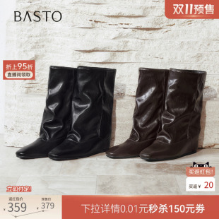 双11预售百思图26冬新款通勤平底内增高裤管靴女中筒靴R6026DS6