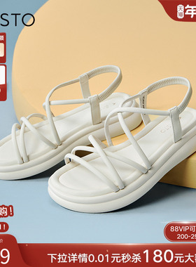 百思图夏季商场新款复古舒适条带罗马凉鞋厚底女凉鞋UCX07BL4